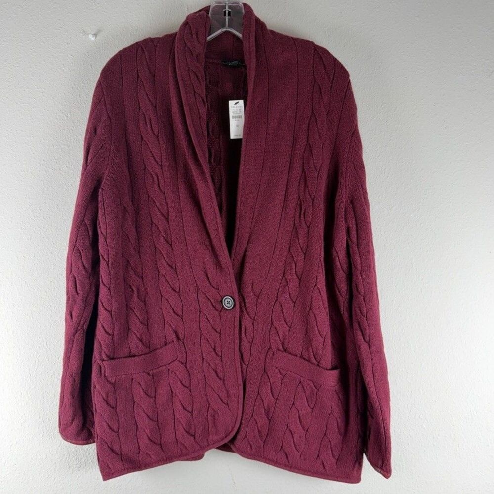 Talbots Women 1X Ribbed Shawl Collar Cable Knit Blazer Cardigan Sweater Burgundy